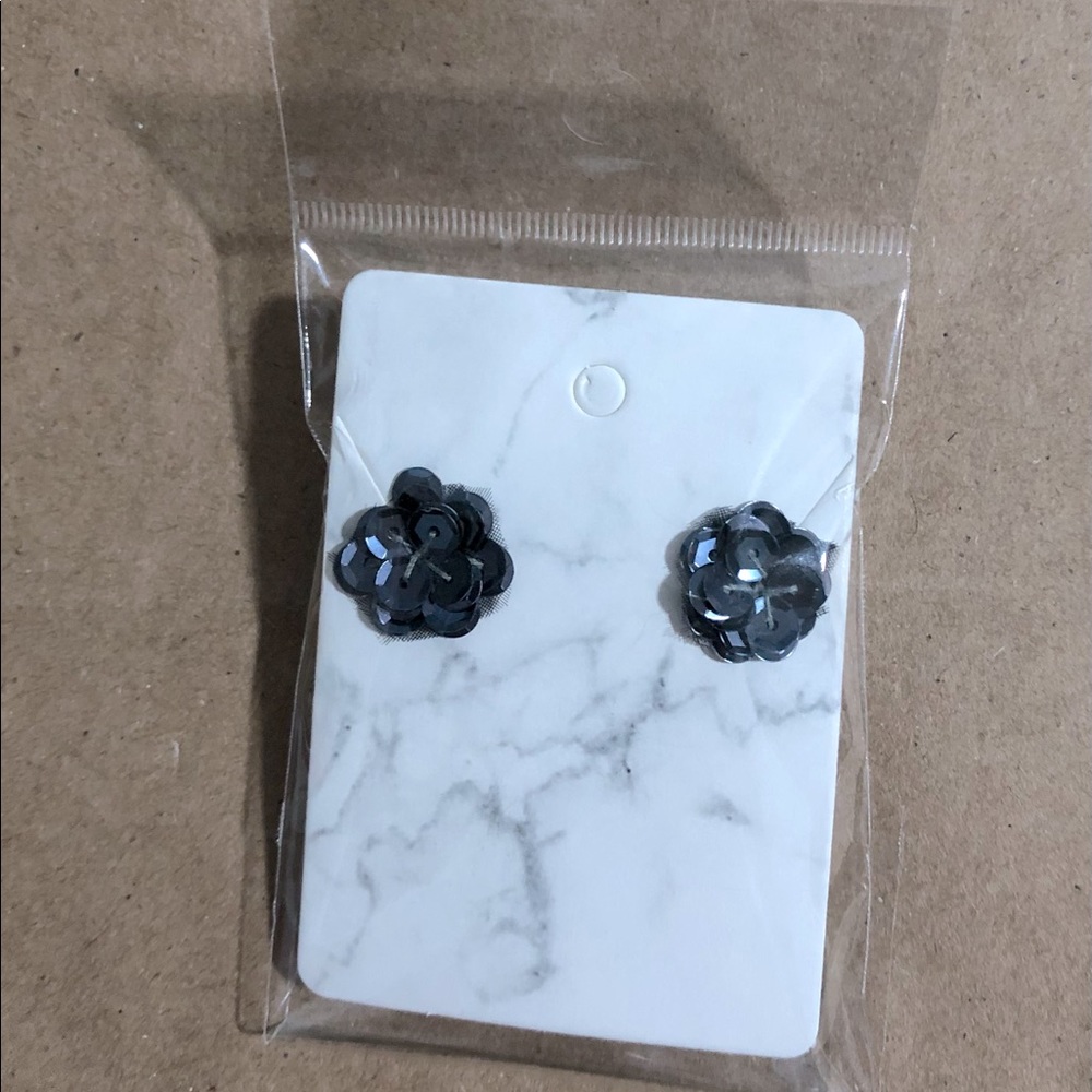 Navy Blue Beaded Flower Earrings